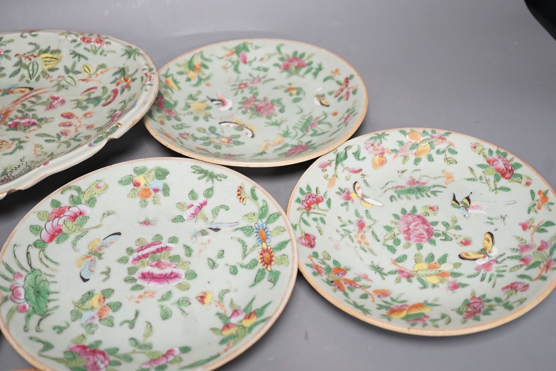 Assorted Chinese Canton decorated famille rose plates, 19th century, largest 27.5cm